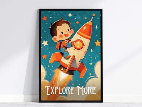 A colorful poster features a smiling child dressed as an astronaut riding a rocket through a starry sky. The words Explore More are displayed at the bottom, surrounded by stars and planets.