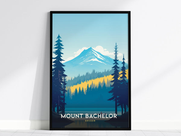 A framed poster of Mount Bachelor features a minimalist design with snow-capped peaks, lush forests, and a serene lake. This wall art captures the tranquil beauty of Oregons Cascade Range in vibrant blues and yellows.