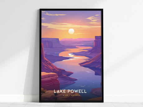 A vibrant poster of Lake Powell features a stunning sunset over blue waters and sandstone formations, with warm orange and purple hues. This wall art beautifully captures the serene desert landscape.