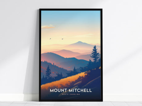 Framed Mount Mitchell poster featuring a stylized landscape of the North Carolina Blue Ridge Mountains, with layers of rolling hills, pine trees, and a serene sky at sunset. The text reads Mount Mitchell, North Carolina.