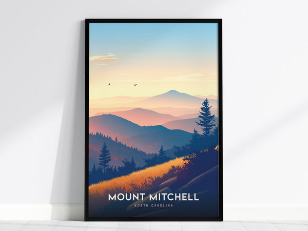 Framed Mount Mitchell poster featuring a stylized landscape of the North Carolina Blue Ridge Mountains, with layers of rolling hills, pine trees, and a serene sky at sunset. The text reads Mount Mitchell, North Carolina.