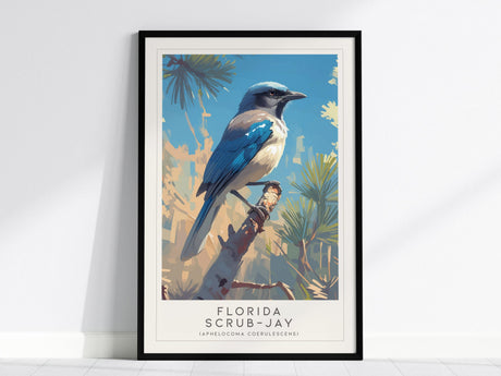 A framed poster featuring a Florida Scrub-Jay with vivid blue and soft gray plumage perched on a branch, set against a stylized background of foliage. The text below identifies the bird and its scientific name.