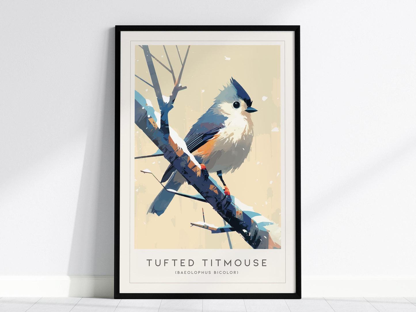 The image shows a framed poster of a tufted titmouse perched on a branch. The art print features the bird with gray plumage, rusty flanks, and a perky crest in a minimalist style, set against a light background.
