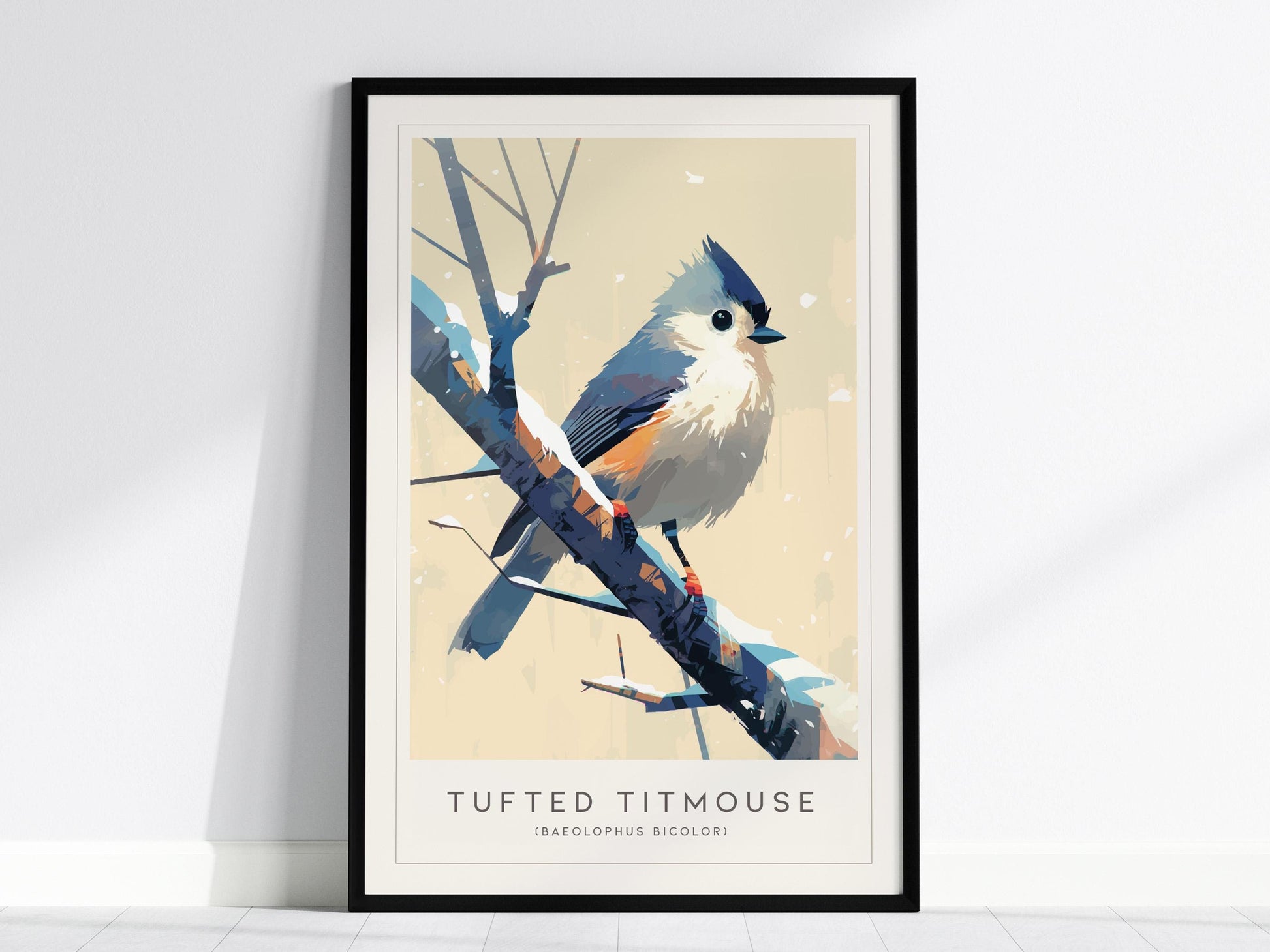 The image shows a framed poster of a tufted titmouse perched on a branch. The art print features the bird with gray plumage, rusty flanks, and a perky crest in a minimalist style, set against a light background.