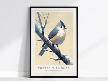The image shows a framed poster of a tufted titmouse perched on a branch. The art print features the bird with gray plumage, rusty flanks, and a perky crest in a minimalist style, set against a light background.