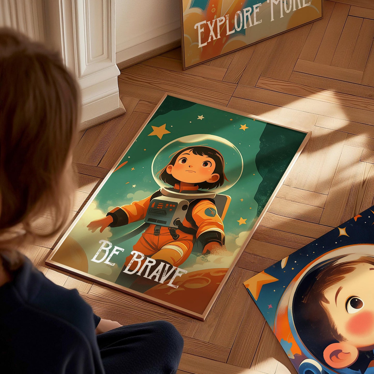 Be Brave - Astronaut Space Series Kids Room Decor Framed Wall Art Set