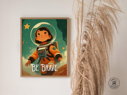 Be Brave - Astronaut Space Series Kids Room Decor Framed Wall Art Set