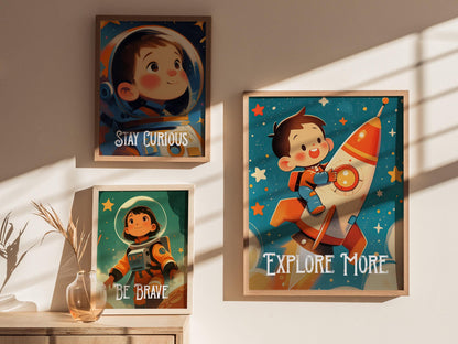 Explore More - Astronaut Space Series Kids Room Decor Framed Wall Art Set