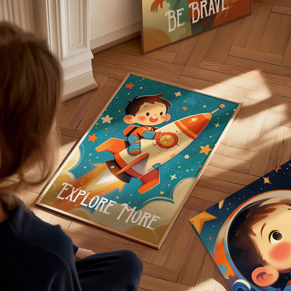 Explore More - Astronaut Space Series Kids Room Decor Framed Wall Art Set