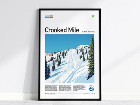 Framed poster titled Crooked Mile featuring a stylized illustration of a snowy ski slope at Alta Ski Area, Utah. The artwork shows a clear blue sky, snow-covered trees, and the mountain landscape.