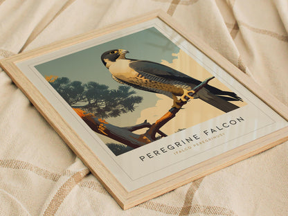 Natural wood frame on peregrine falcon wildlife print styled in cozy cabin decor
