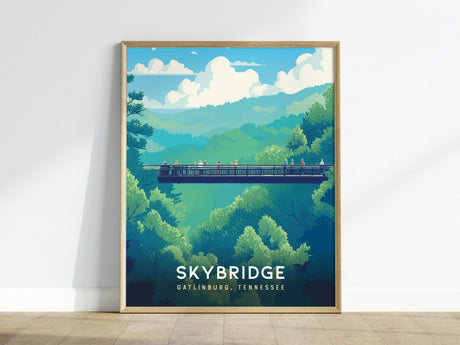 This framed poster features an artistic illustration of the Gatlinburg SkyBridge set against the lush greenery of the Great Smoky Mountains. The scene captures people walking across the bridge under a bright blue sky with fluffy clouds.