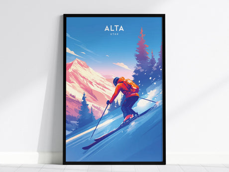 A vibrant poster of a skier descending a snowy slope with pine trees and mountains in the background, set against a bright blue sky. This wall art captures the essence of winter adventure at Alta, Utah.