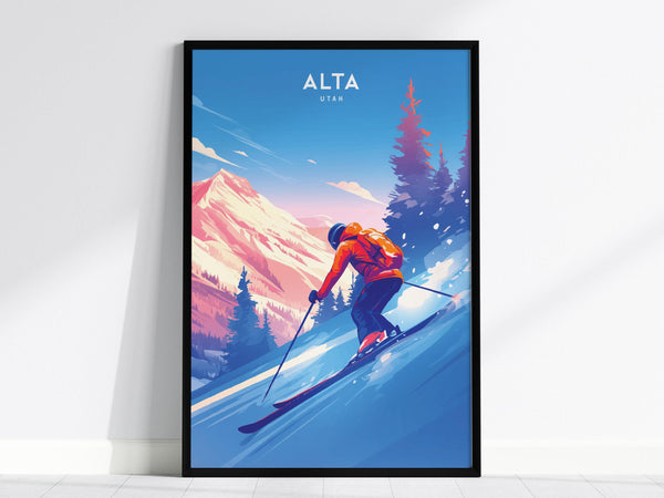 A vibrant poster of a skier descending a snowy slope with pine trees and mountains in the background, set against a bright blue sky. This wall art captures the essence of winter adventure at Alta, Utah.
