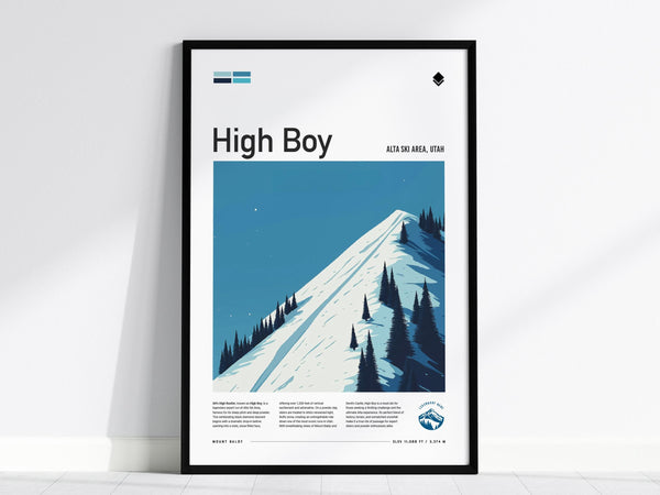 A framed poster of the High Boy ski run at Alta Ski Area, Utah, features an illustration of a snow-covered mountain slope with scattered pine trees under a clear blue sky. This wall art captures the thrill of skiing.