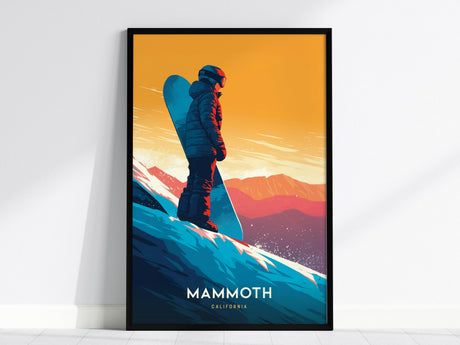 A vibrant poster features a snowboarder standing on a snowy slope against a colorful sunset backdrop. The silhouette of mountains is visible, with Mammoth California written at the bottom of the artwork.