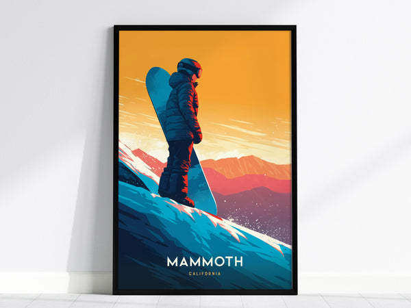 A vibrant poster features a snowboarder standing on a snowy slope against a colorful sunset backdrop. The silhouette of mountains is visible, with Mammoth California written at the bottom of the artwork.