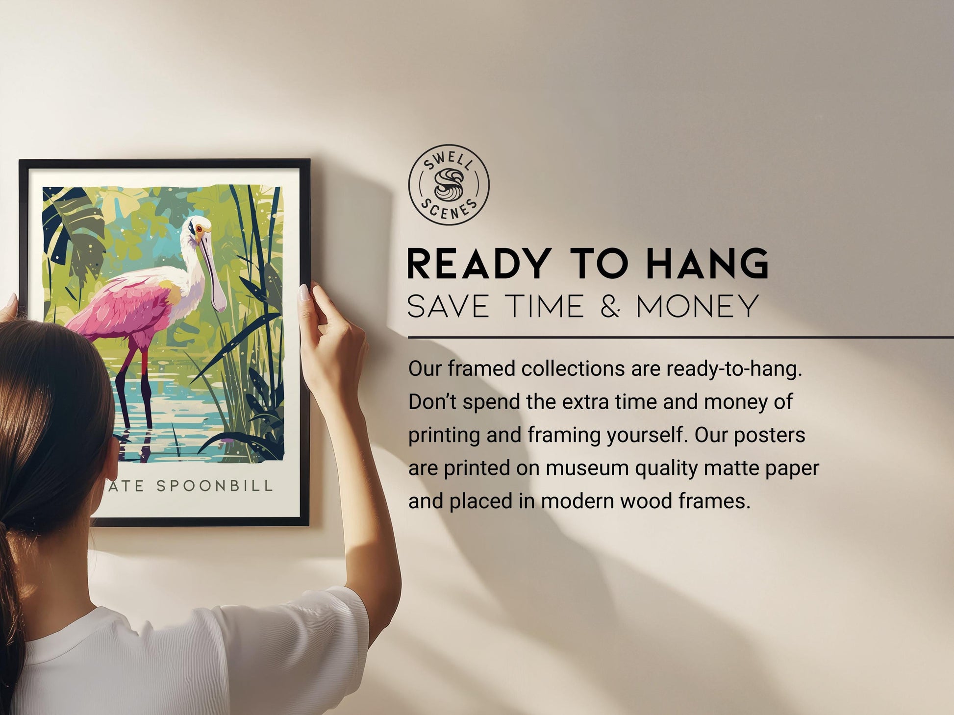 Ready to hang framed wall art poster in modern wood frame, museum quality matte paper by Swell Scenes