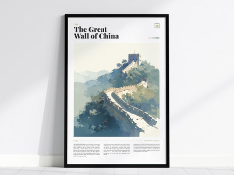 A framed poster of the Great Wall of China features an artistic depiction with winding stone pathways and a watchtower set against a backdrop of misty mountains. The text at the top reads The Great Wall of China.