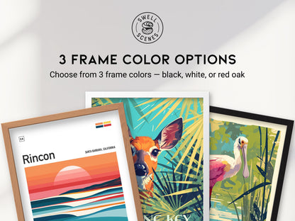 Three frame color options for framed posters black, white, red oak wood frames by Swell Scenes wall art