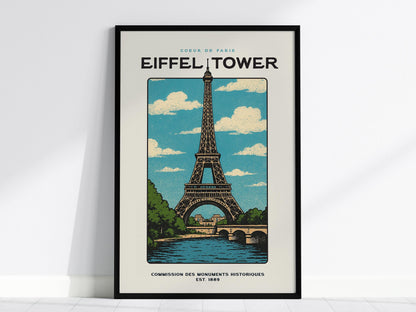 Eiffel Tower Block Print | Vintage Paris France Wall Art | Framed or Unframed