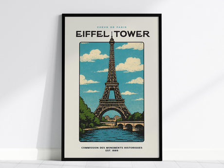 This poster features a vintage-style illustration of the Eiffel Tower against a blue sky with clouds, framed in black. It captures the iconic Paris landmark in a retro artistic style, perfect for wall art.