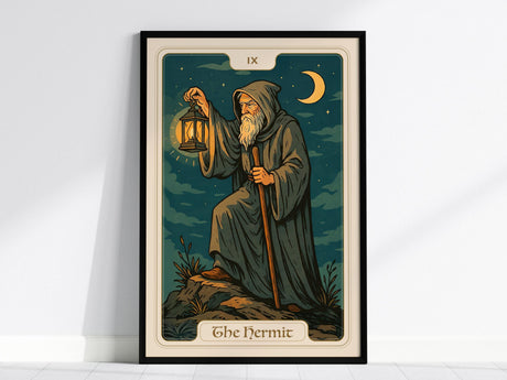 The image shows a framed Hermit Tarot card poster featuring a cloaked figure holding a lantern and a staff, standing on a rocky peak. The background is a starry night sky with a crescent moon, capturing themes of solitude and introspection.