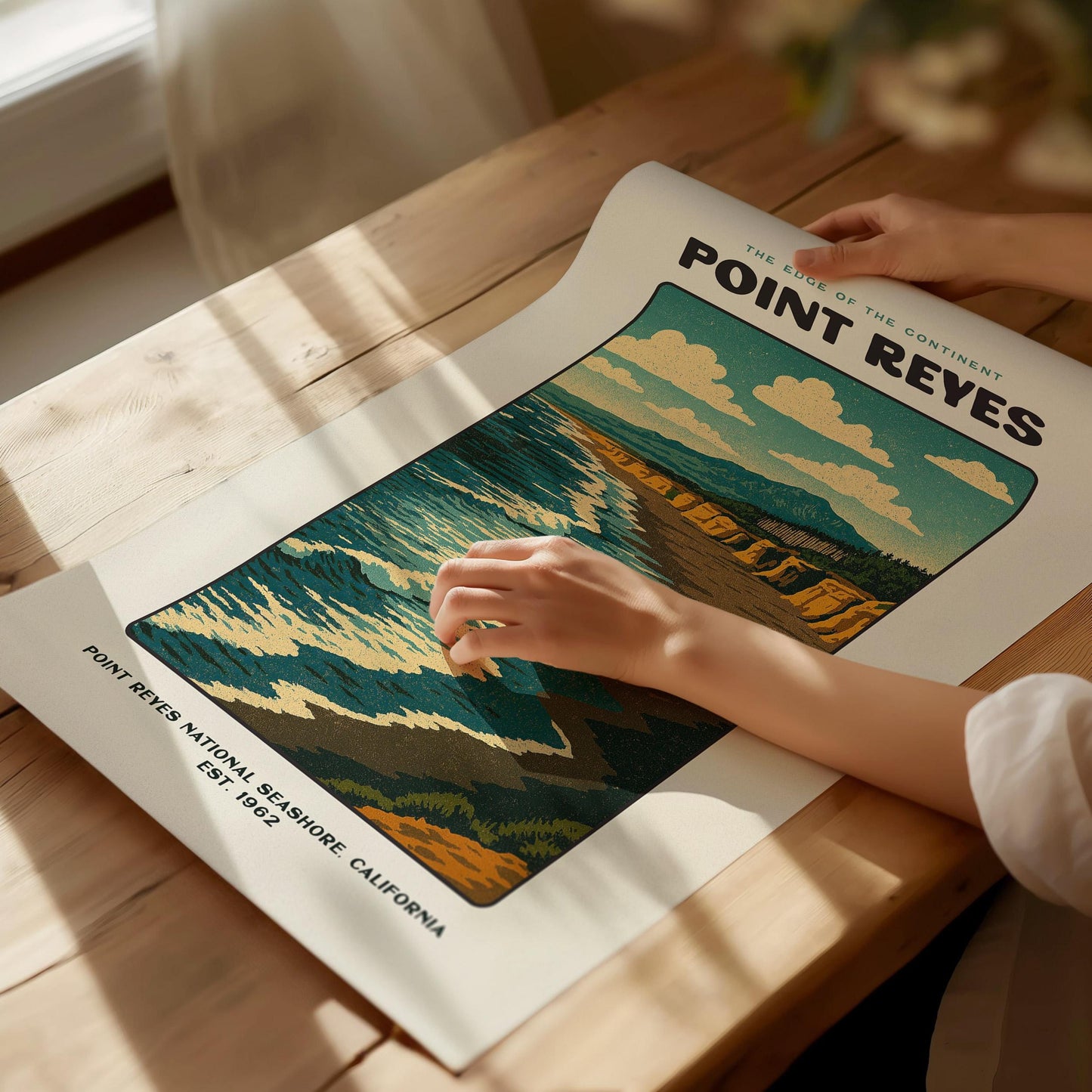 Point Reyes California Coastal National Seashore Beach Ocean Landscape Framed Unframed Vintage Block Print Wall Art