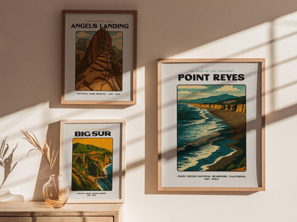 Point Reyes California Coastal National Seashore Beach Ocean Landscape Framed Unframed Vintage Block Print Wall Art