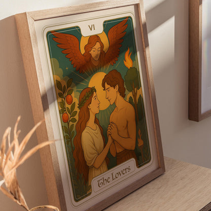 The Lovers Tarot Card Major Arcana Love Divine Union Framed Unframed Art Nouveau Wall Decor