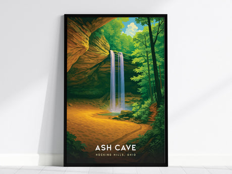 The image shows a framed poster of Ash Cave in Hocking Hills, Ohio, featuring a vibrant illustration of a waterfall cascading down sandstone cliffs surrounded by lush green forest.