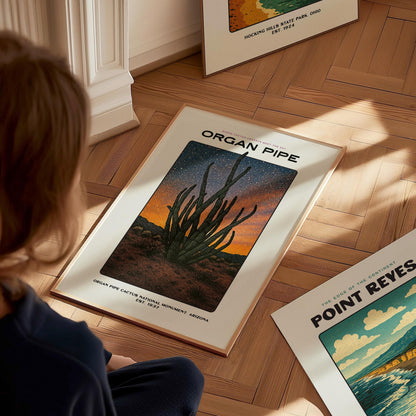 Organ Pipe Cactus Arizona Desert Starry Night National Monument Vintage Block Print Wall Art