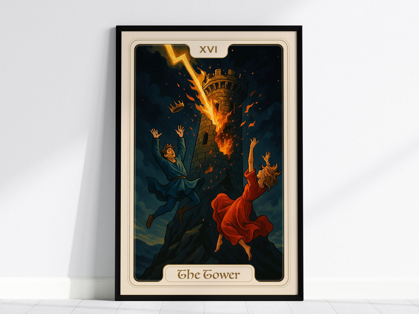 The Tower tarot card poster featuring Major Arcana XVI vintage art nouveau lightning struck tower mystical wall art
