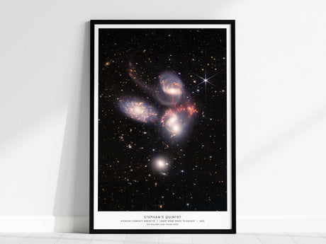 Stephan's Quintet James Webb poster in black wood frame showing galaxy group collision with JWST infrared space telescope image