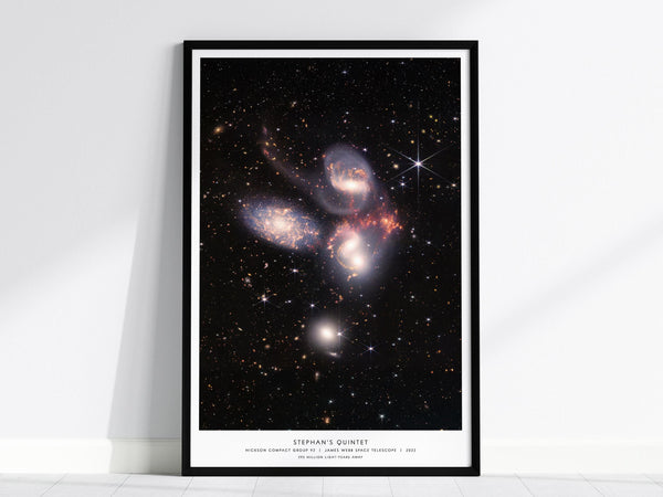 Stephan's Quintet James Webb poster in black wood frame showing galaxy group collision with JWST infrared space telescope image