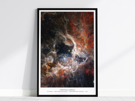 Tarantula Nebula JWST poster in black wood frame showing 30 Doradus star formation with Webb telescope space wall art