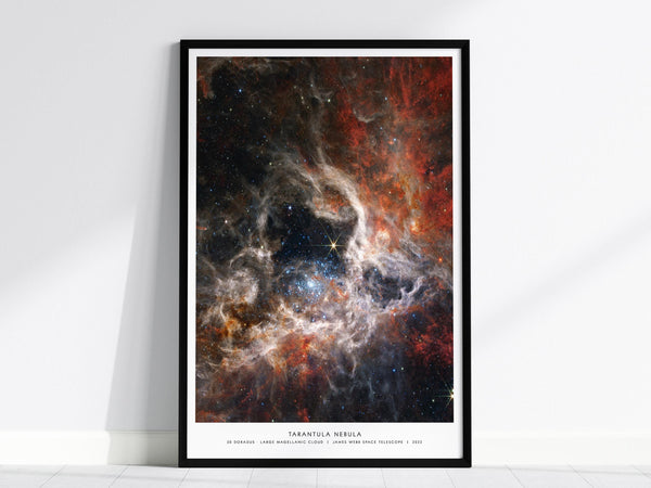 Tarantula Nebula JWST poster in black wood frame showing 30 Doradus star formation with Webb telescope space wall art