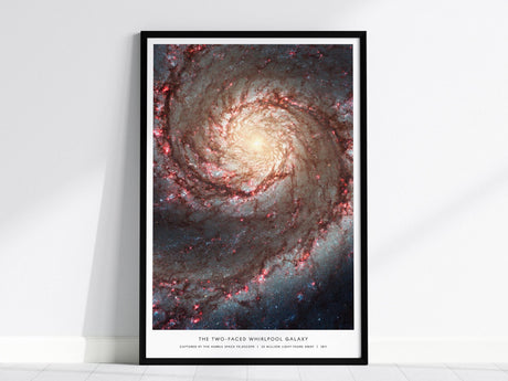 M51 Whirlpool Galaxy poster in black wood frame showing Hubble NASA deep space spiral arms astronomy wall art