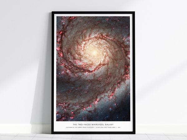 M51 Whirlpool Galaxy poster in black wood frame showing Hubble NASA deep space spiral arms astronomy wall art