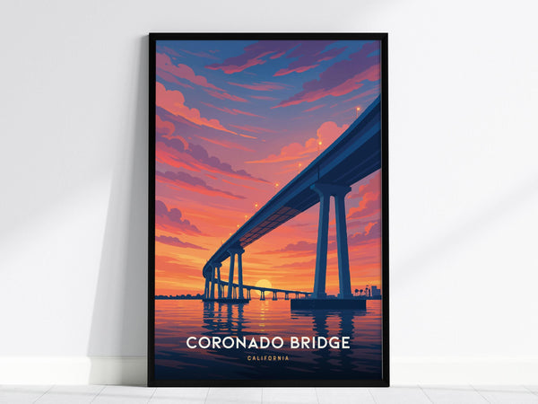 Framed poster of the Coronado Bridge in San Diego, featuring a vibrant illustration with the bridges elegant curve over a sunset-lit bay. The sky is painted in warm tones of orange, purple, and gold, creating a magical atmosphere.