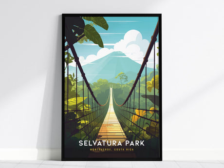 A framed poster of Selvatura Park in Monteverde, Costa Rica, depicting a hanging bridge over a lush green forest with mountains in the background under a blue sky. The artwork is vibrant and eye-catching.