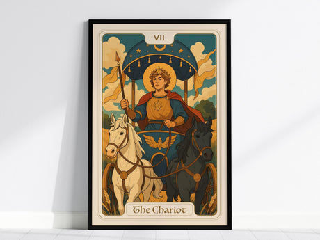 The image depicts a framed illustration of The Chariot Tarot card featuring an armored figure with a crown, holding a wand, and riding a chariot pulled by a white and a black horse under a starry canopy. The card is labeled VII The Chariot.