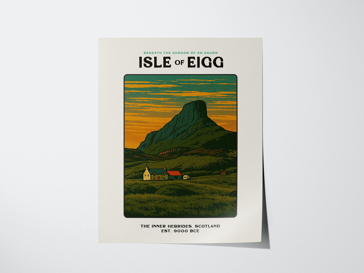 Poster of Isle of Eigg with a mountain and house illustration on a white background