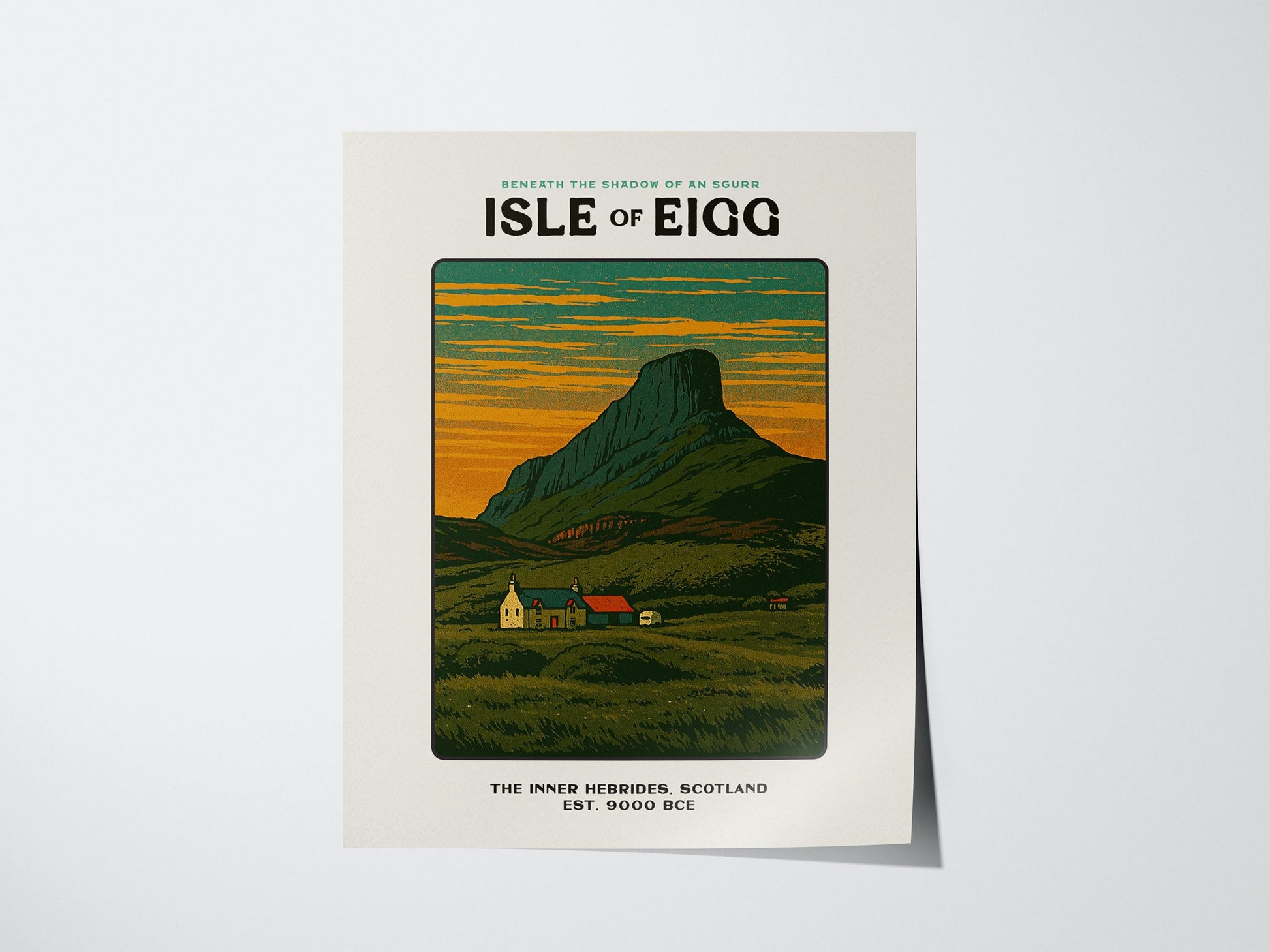 Poster of Isle of Eigg with a mountain and house illustration on a white background