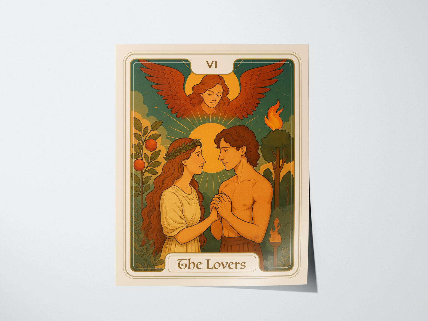 The Lovers Tarot Card Major Arcana Love Divine Union Framed Unframed Art Nouveau Wall Decor