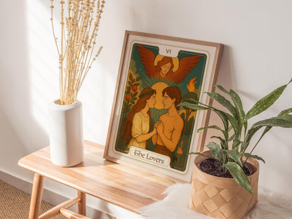 The Lovers Tarot Card Major Arcana Love Divine Union Framed Unframed Art Nouveau Wall Decor