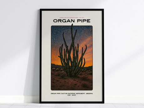 Framed poster of Organ Pipe Cactus with desert landscape and cactus illustration.