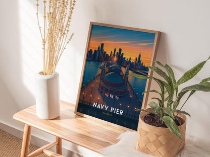 Navy Pier Chicago Illinois Iconic Skyline Framed Travel Print Wall Art