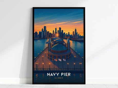 A framed poster of Navy Pier in Chicago showcases a vibrant sunset over the city skyline and Lake Michigan, with warm hues reflecting in the water.