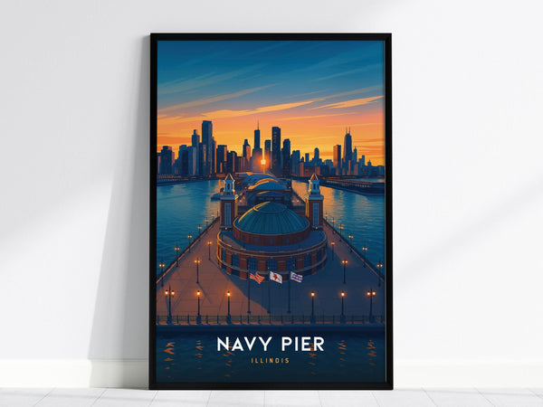 A framed poster of Navy Pier in Chicago showcases a vibrant sunset over the city skyline and Lake Michigan, with warm hues reflecting in the water.